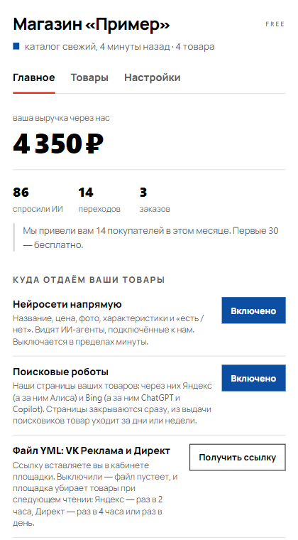 Кабинет Аквариума на выдуманном магазине: выручка через нейросети, вопросы нейросетей, переходы, заказы и переключатели каналов